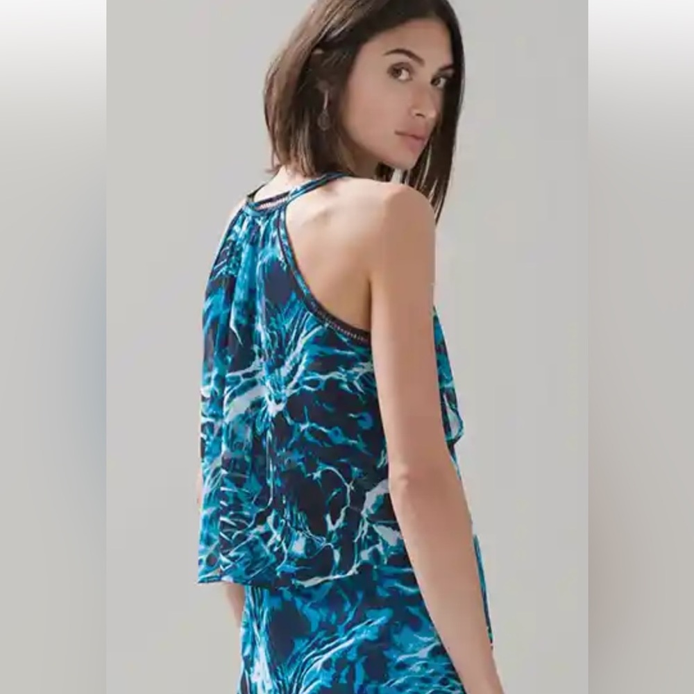 White House Black Market blue ruffle tank top with laces that tie at neck line - Picture 3 of 16